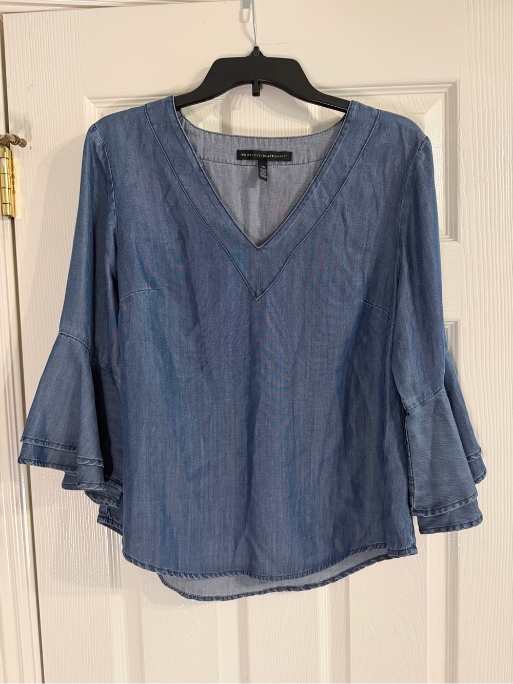 White House Black Market Blue V-Neck Bell Sleeve Top